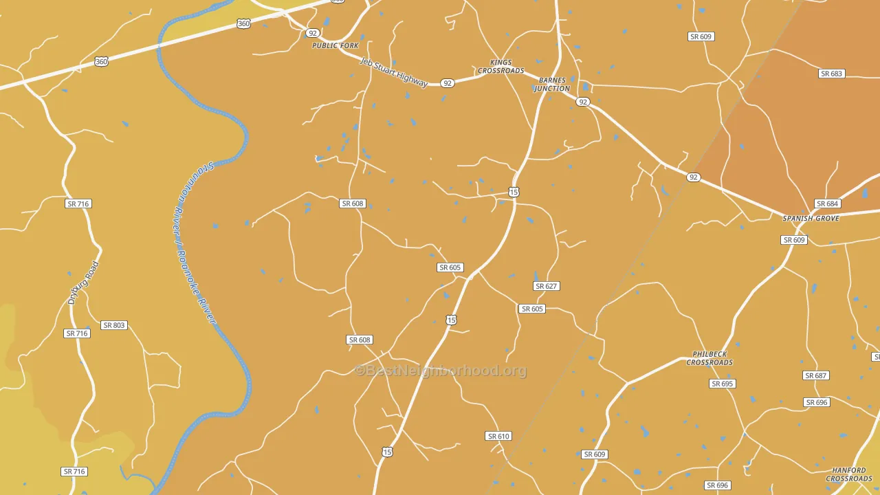 Map of the best neighborhoods in the 23964 area, with better matches in green and worse matches in red