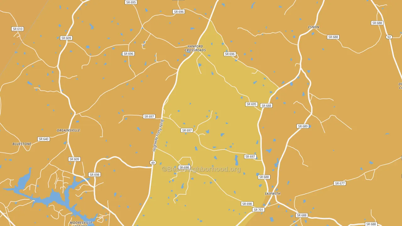 Map of the best neighborhoods in the 23968 area, with better matches in green and worse matches in red