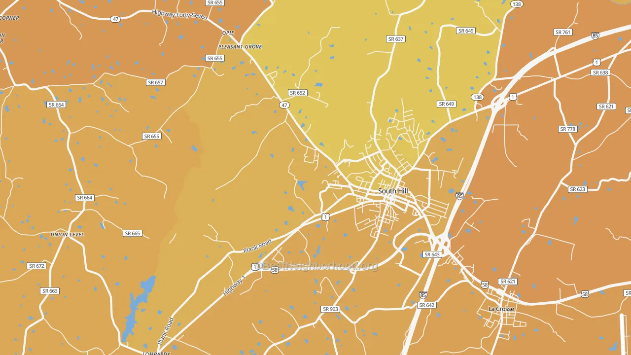 Map of the best neighborhoods in the 23970 area, with better matches in green and worse matches in red