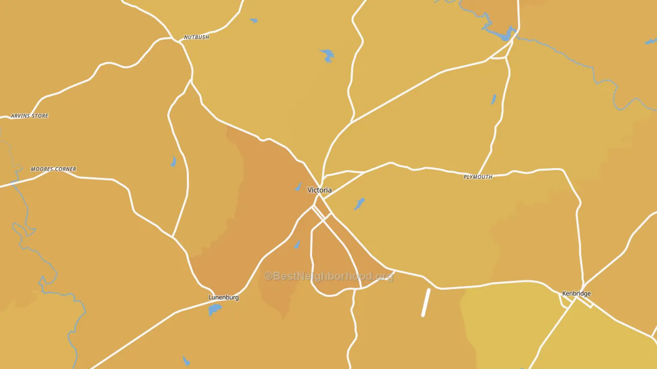 Map of the best neighborhoods in the 23974 area, with better matches in green and worse matches in red