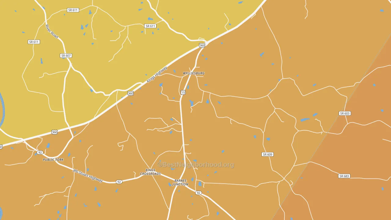 Map of the best neighborhoods in the 23976 area, with better matches in green and worse matches in red