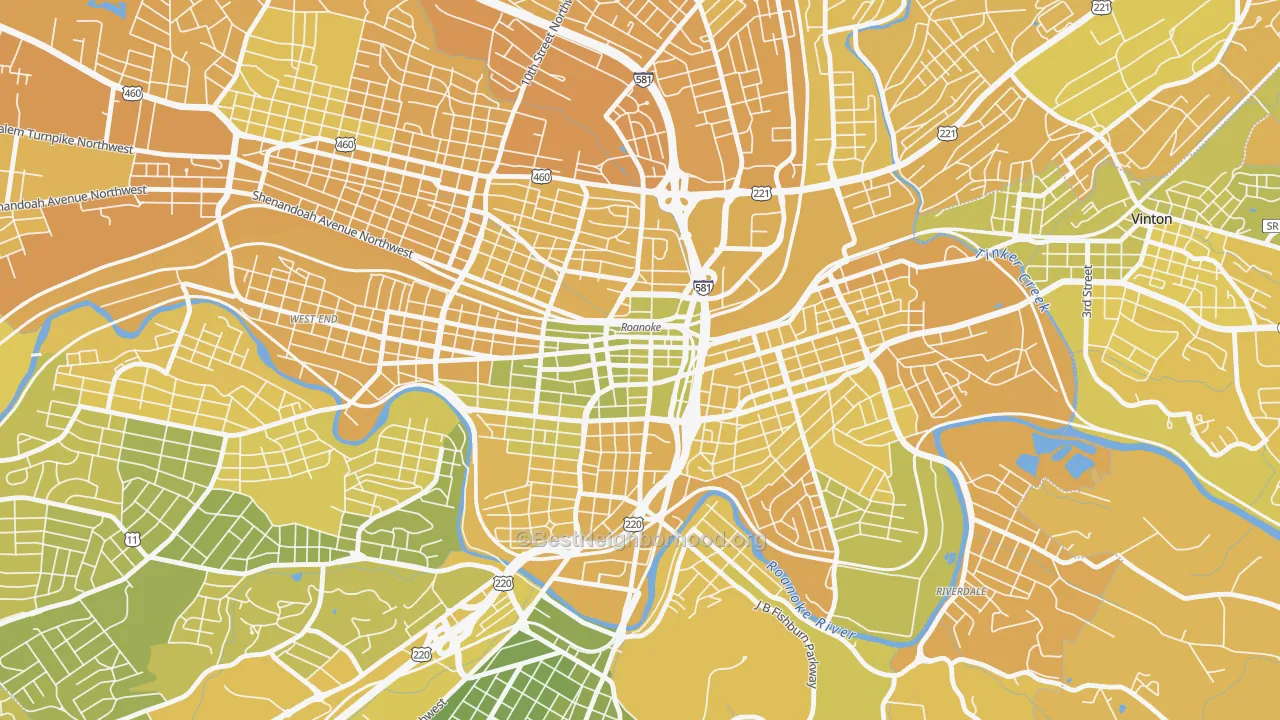 Map of the best neighborhoods in the 24011 area, with better matches in green and worse matches in red
