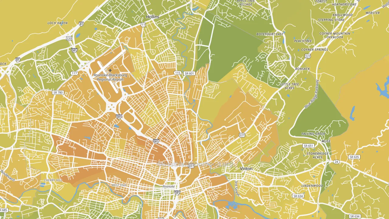 Map of the best neighborhoods in the 24012 area, with better matches in green and worse matches in red