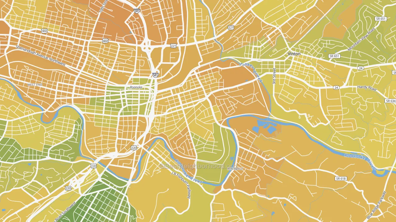 Map of the best neighborhoods in the 24013 area, with better matches in green and worse matches in red