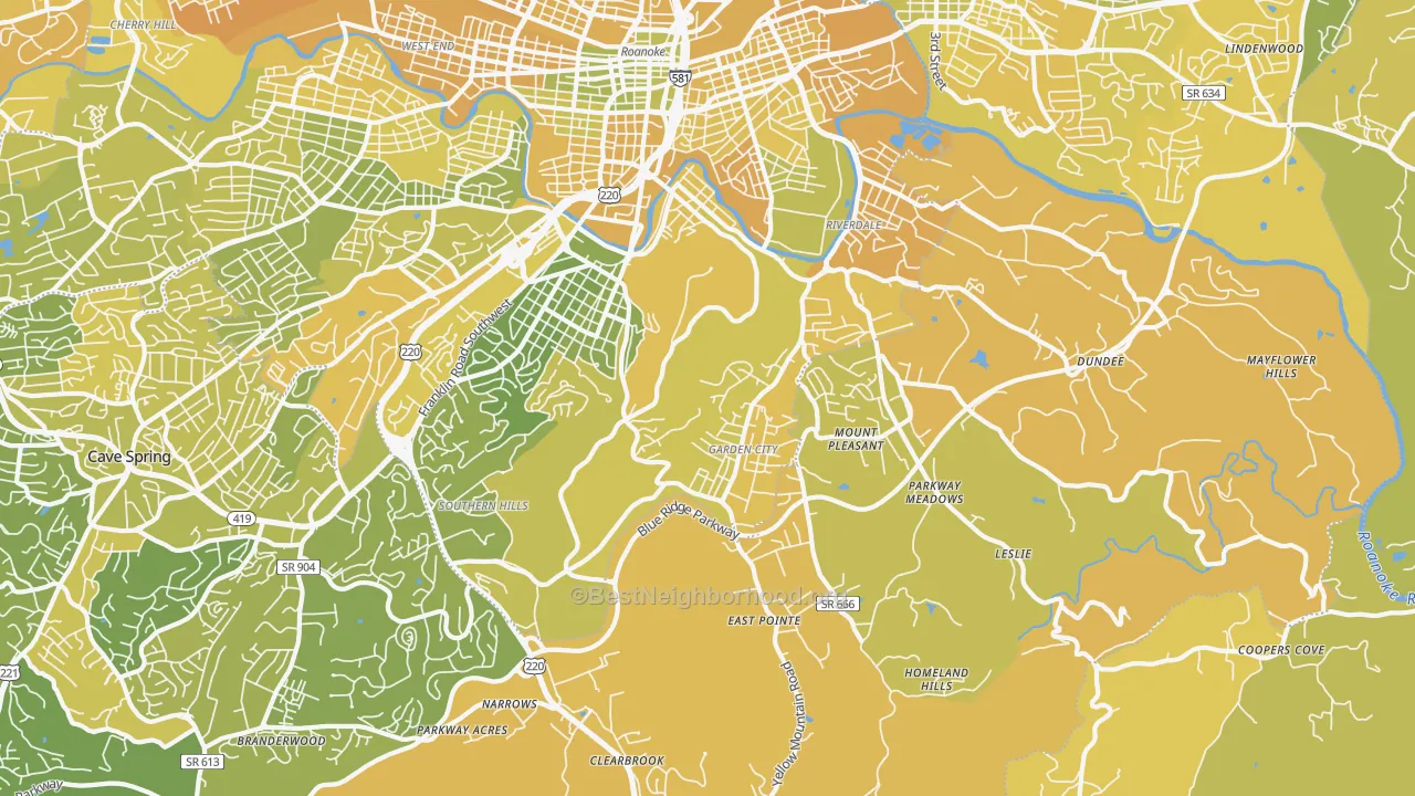 Map of the best neighborhoods in the 24014 area, with better matches in green and worse matches in red