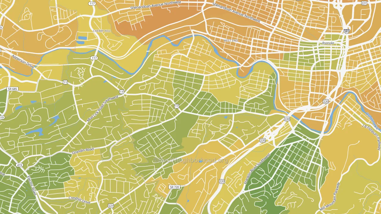 Map of the best neighborhoods in the 24015 area, with better matches in green and worse matches in red
