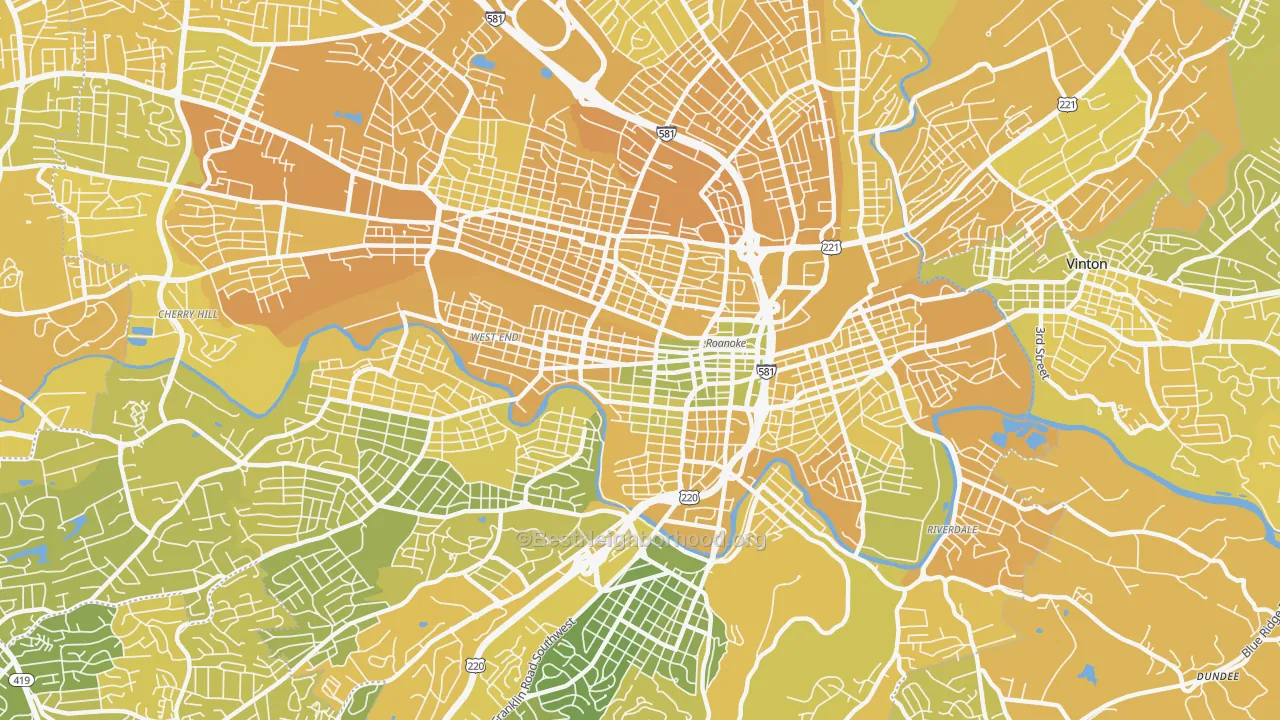 Map of the best neighborhoods in the 24016 area, with better matches in green and worse matches in red