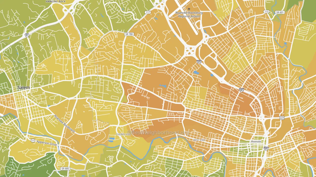 Map of the best neighborhoods in the 24017 area, with better matches in green and worse matches in red