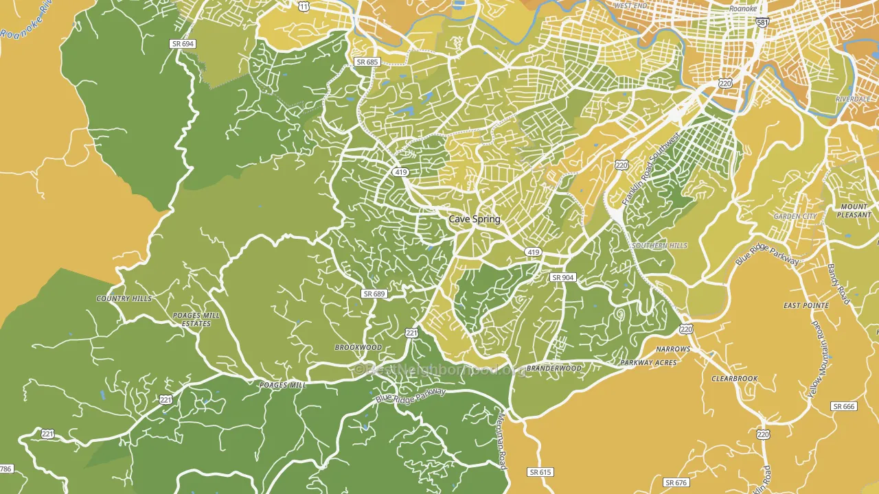 Map of the best neighborhoods in the 24018 area, with better matches in green and worse matches in red