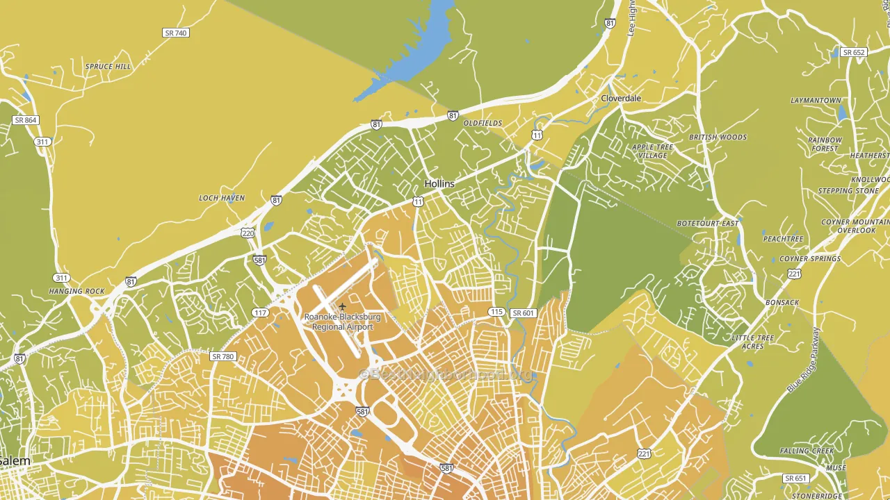 Map of the best neighborhoods in the 24019 area, with better matches in green and worse matches in red