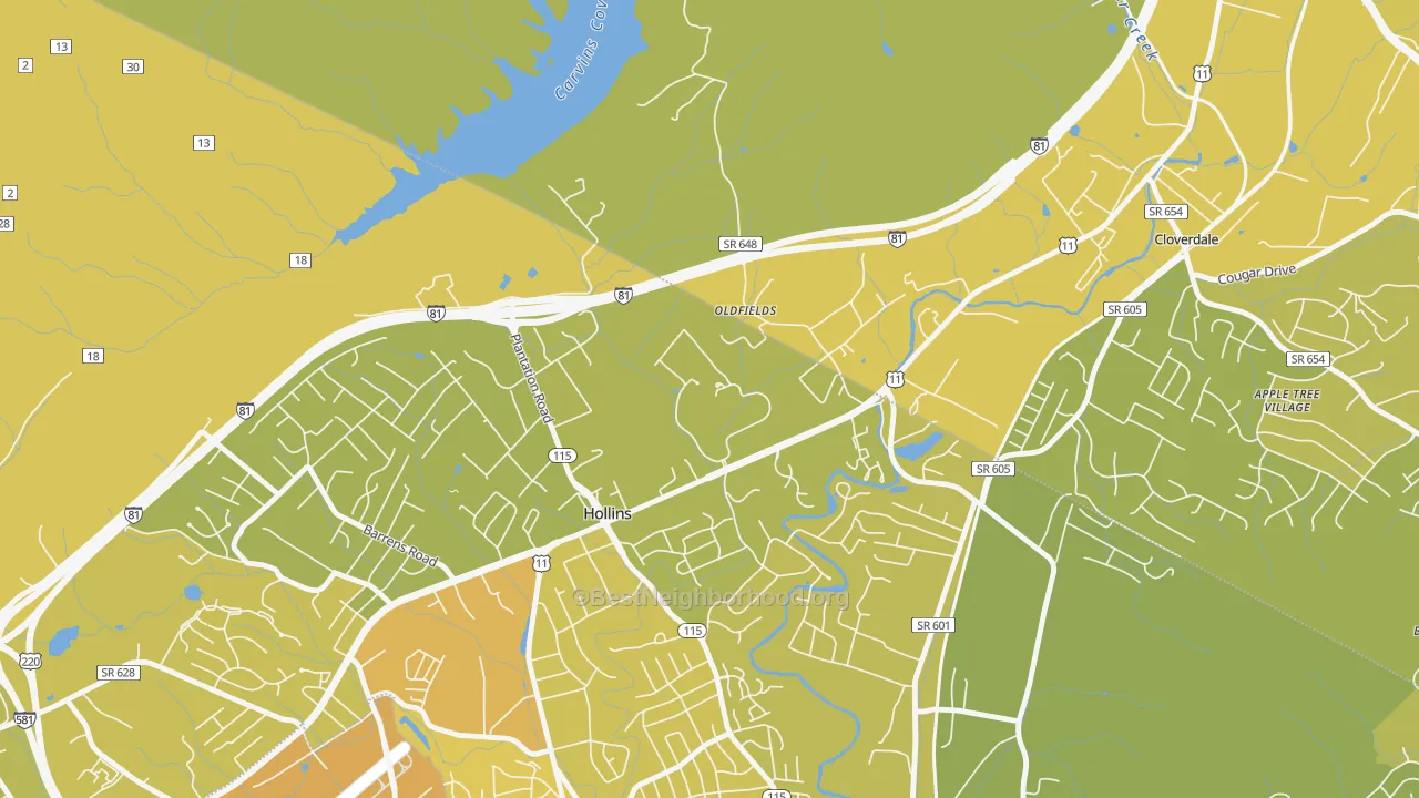 Map of the best neighborhoods in the 24020 area, with better matches in green and worse matches in red