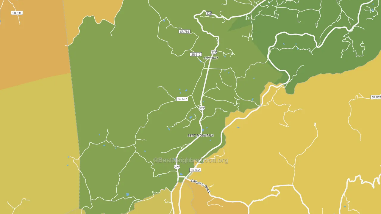 Map of the best neighborhoods in the 24059 area, with better matches in green and worse matches in red