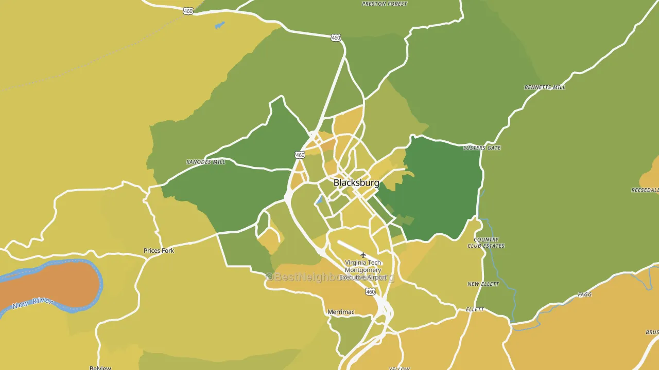 Map of the best neighborhoods in the 24060 area, with better matches in green and worse matches in red