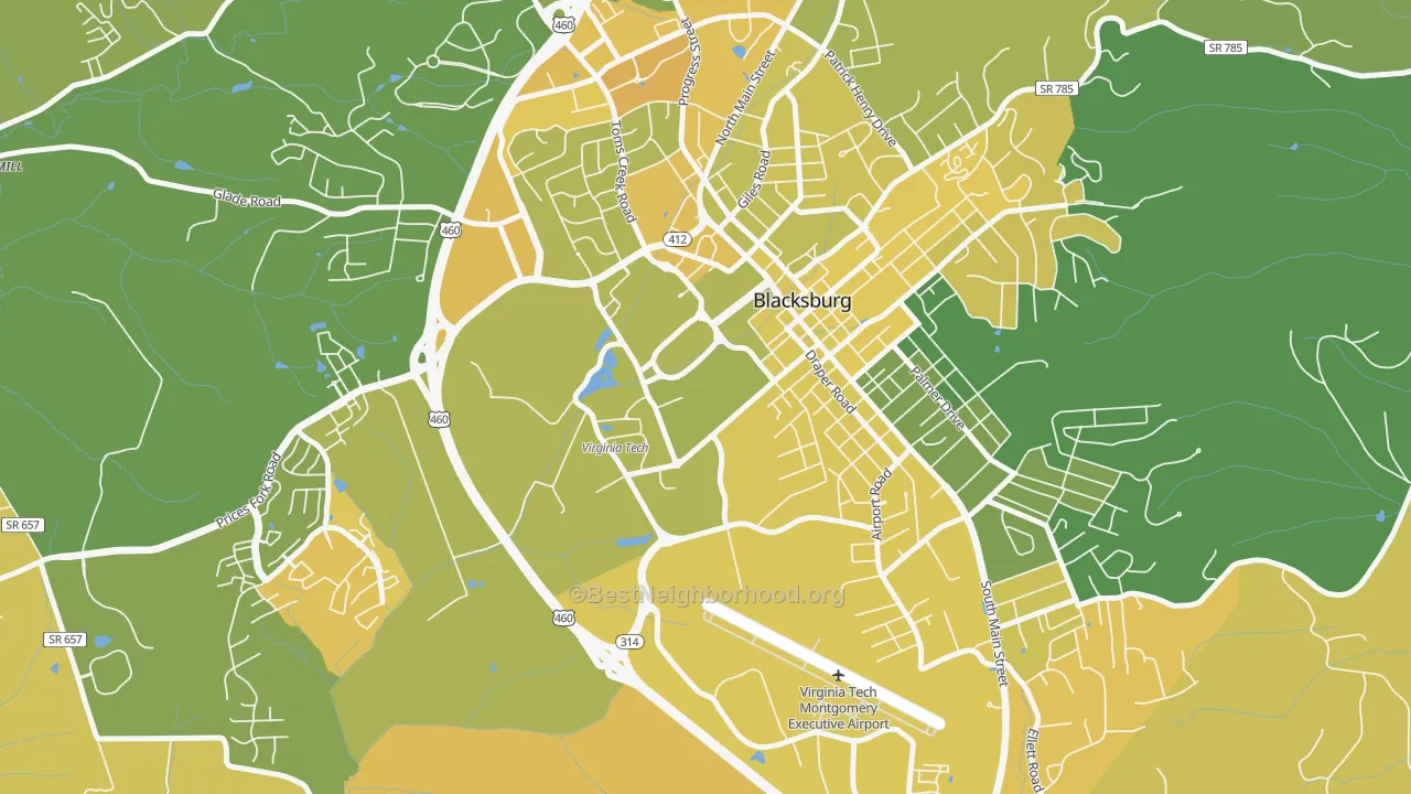 Map of the best neighborhoods in the 24061 area, with better matches in green and worse matches in red