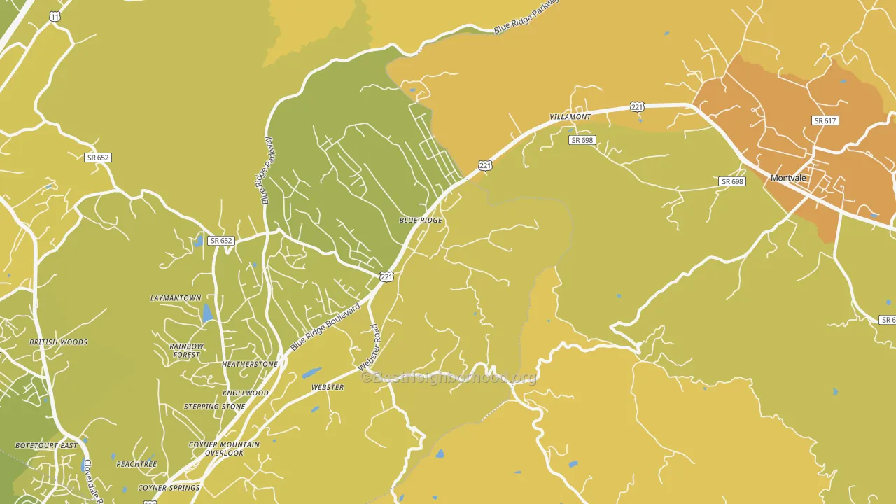 Map of the best neighborhoods in the 24064 area, with better matches in green and worse matches in red