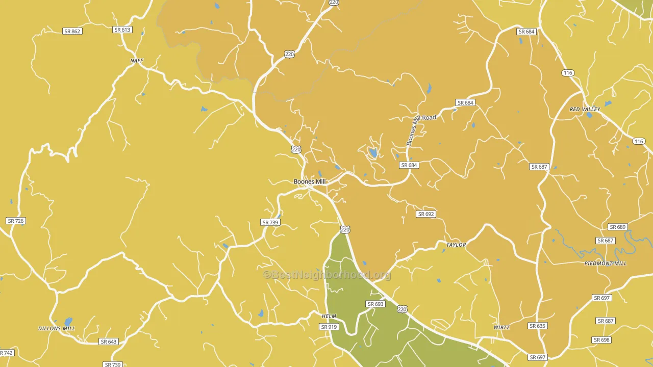 Map of the best neighborhoods in the 24065 area, with better matches in green and worse matches in red
