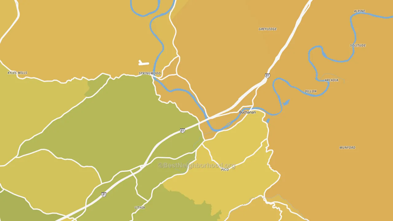 Map of the best neighborhoods in the 24066 area, with better matches in green and worse matches in red