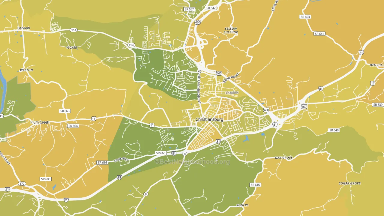 Map of the best neighborhoods in the 24073 area, with better matches in green and worse matches in red
