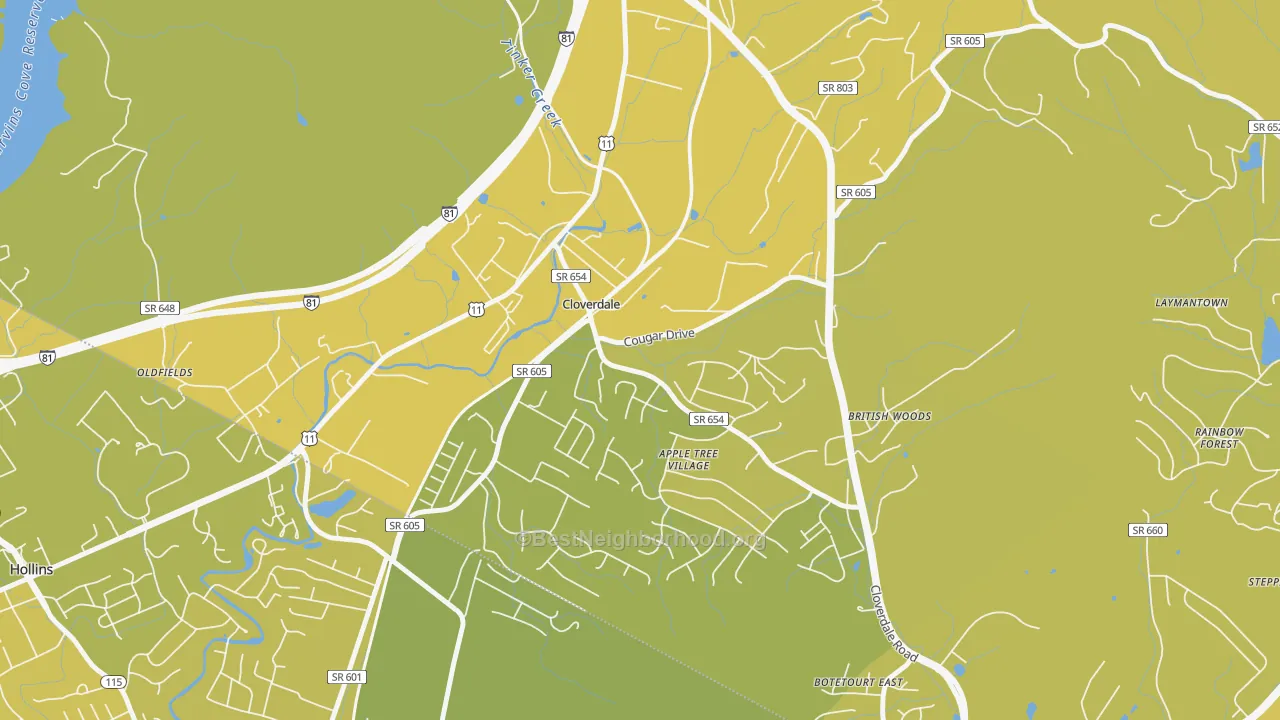 Map of the best neighborhoods in the 24077 area, with better matches in green and worse matches in red