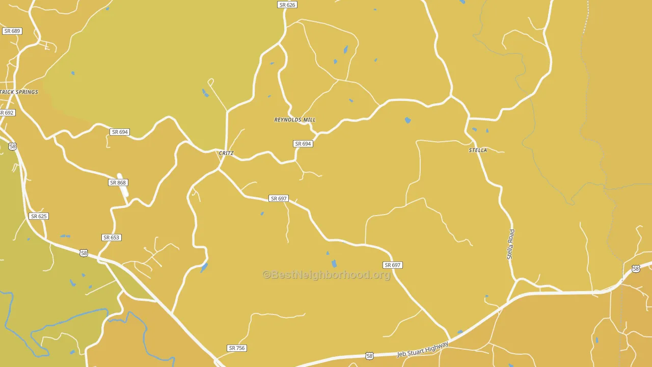 Map of the best neighborhoods in the 24082 area, with better matches in green and worse matches in red