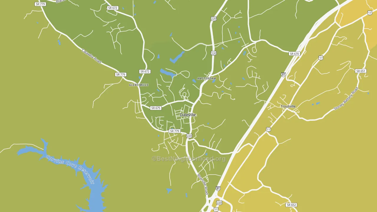 Map of the best neighborhoods in the 24083 area, with better matches in green and worse matches in red
