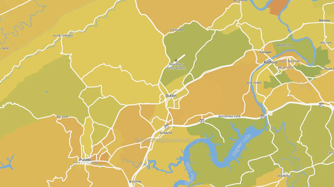 Map of the best neighborhoods in the 24084 area, with better matches in green and worse matches in red