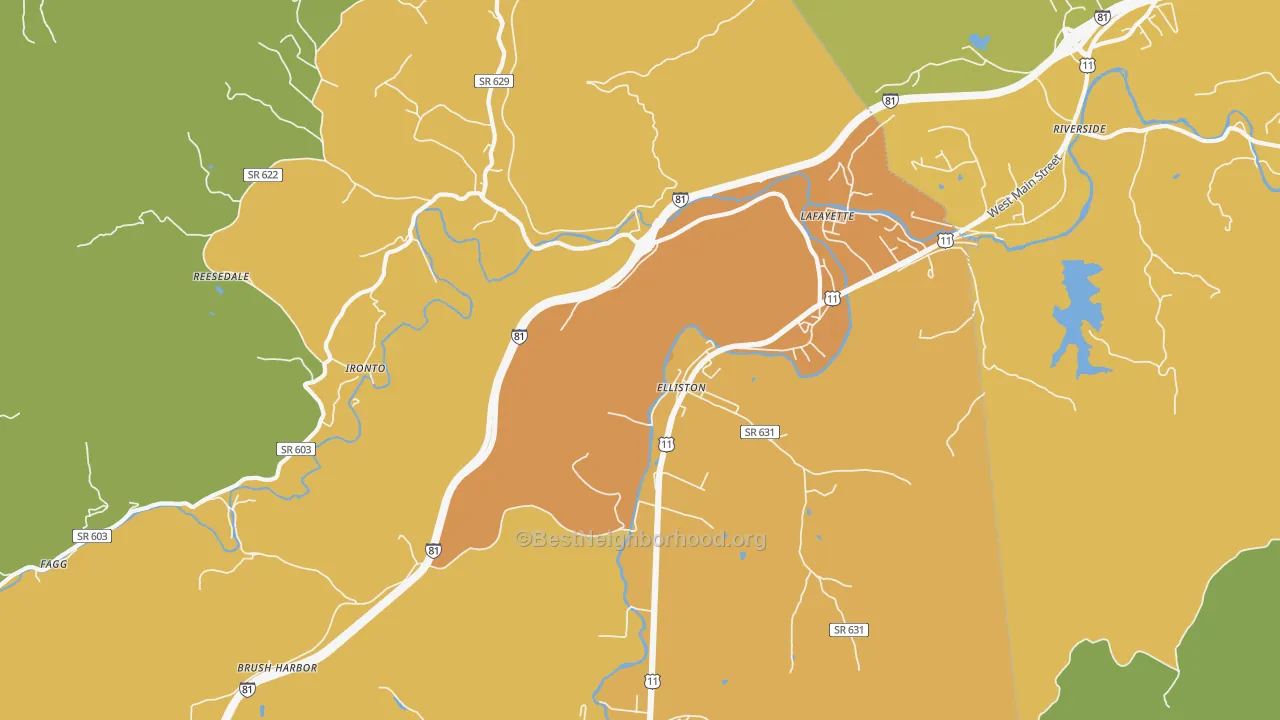 Map of the best neighborhoods in the 24087 area, with better matches in green and worse matches in red