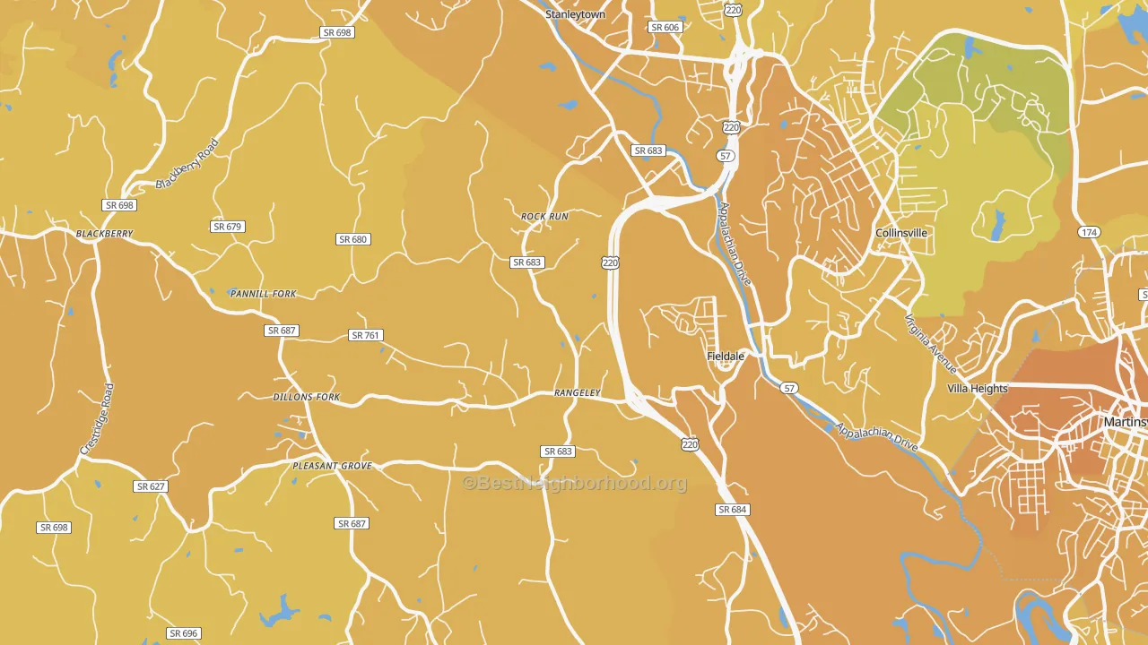 Map of the best neighborhoods in the 24089 area, with better matches in green and worse matches in red