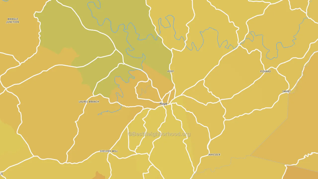 Map of the best neighborhoods in the 24091 area, with better matches in green and worse matches in red