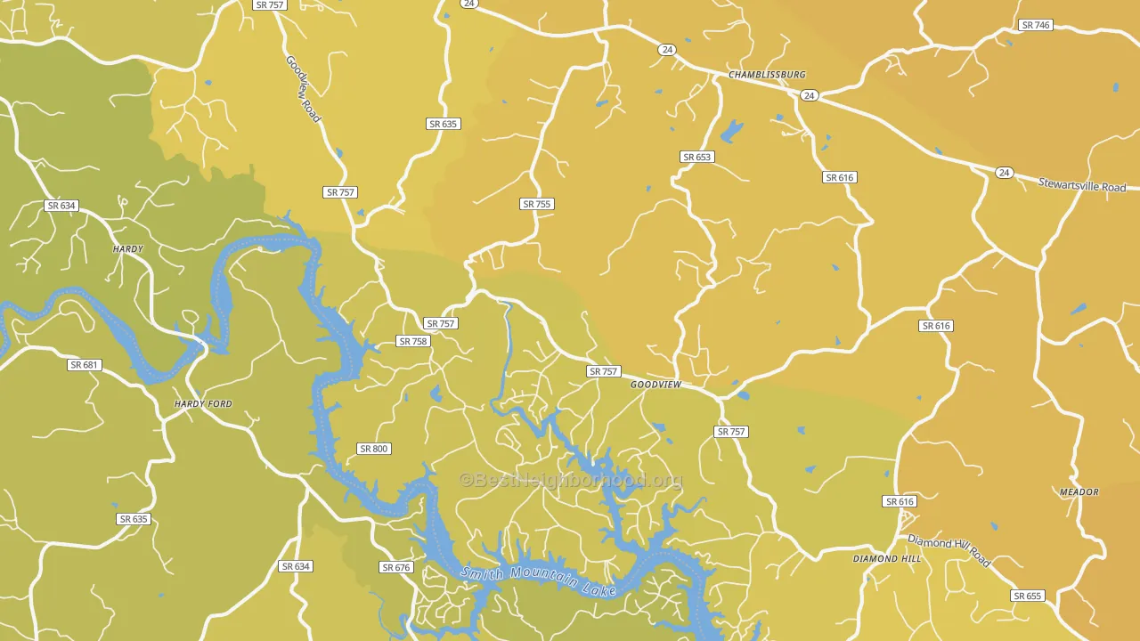 Map of the best neighborhoods in the 24095 area, with better matches in green and worse matches in red