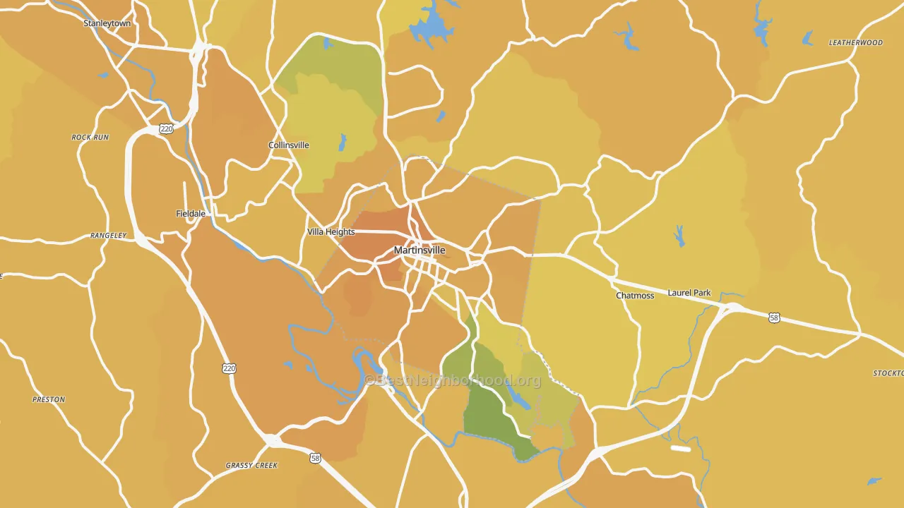 Map of the best neighborhoods in the 24112 area, with better matches in green and worse matches in red