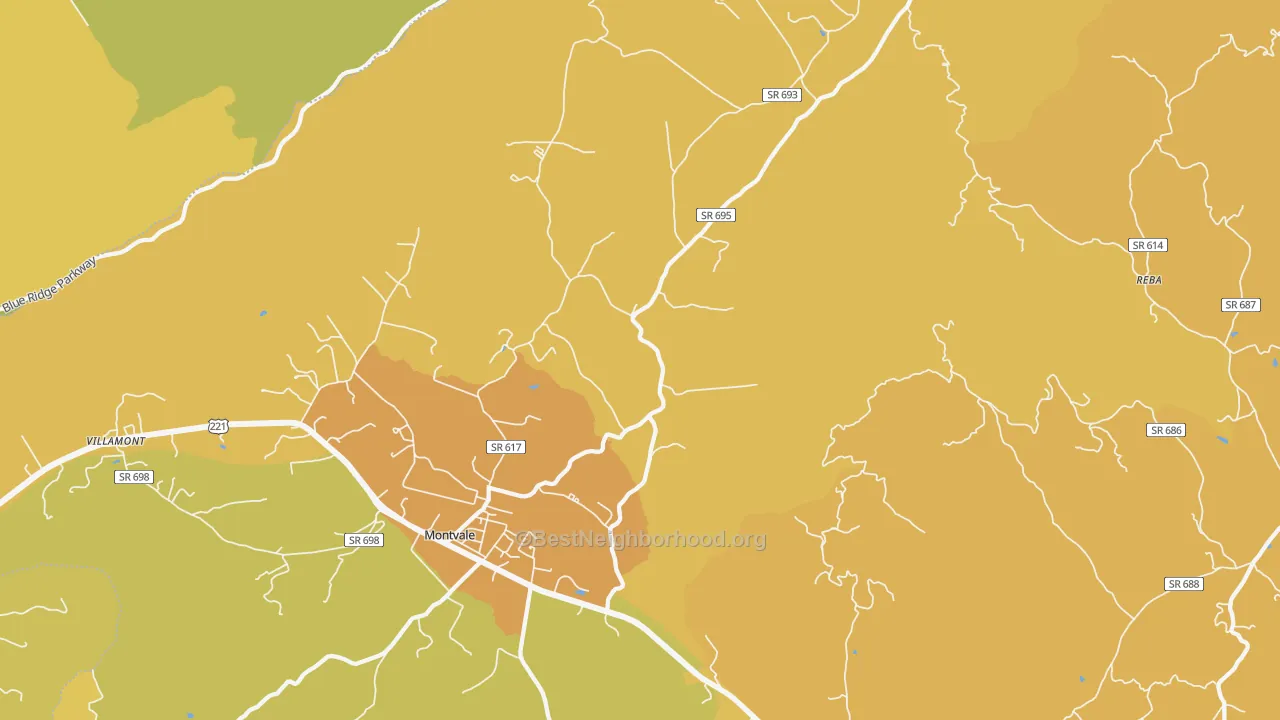 Map of the best neighborhoods in the 24122 area, with better matches in green and worse matches in red