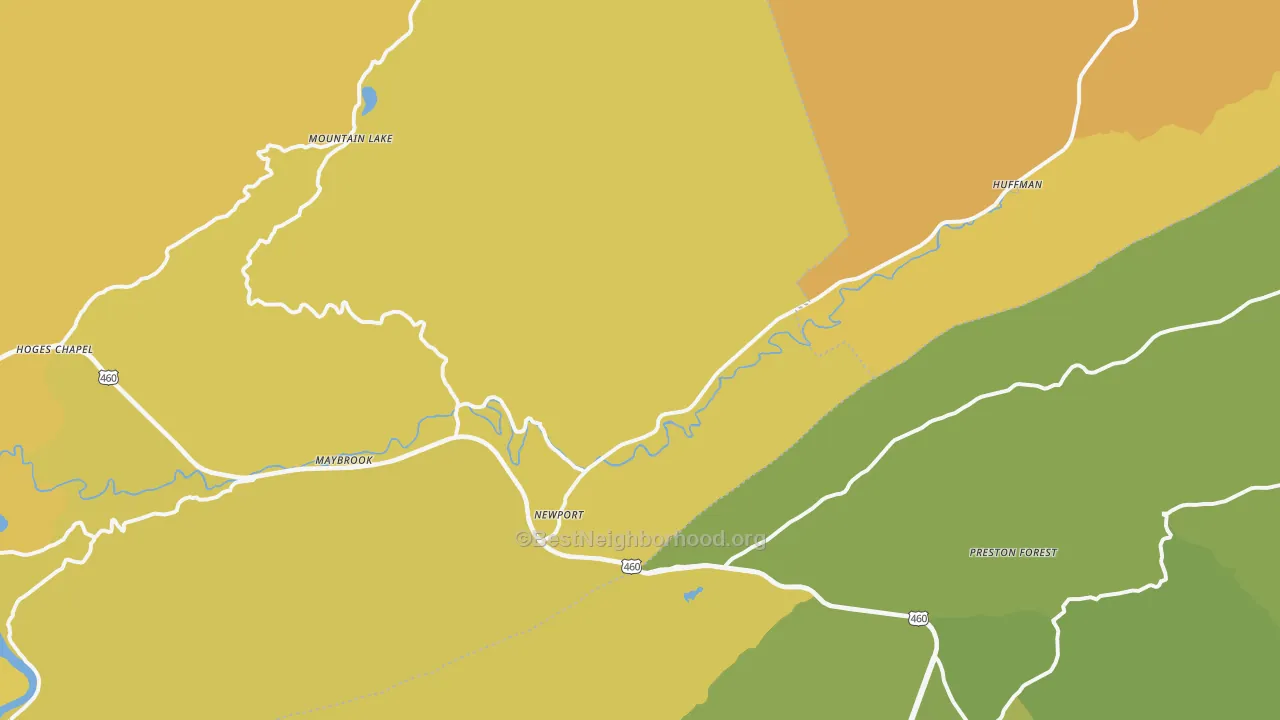 Map of the best neighborhoods in the 24128 area, with better matches in green and worse matches in red