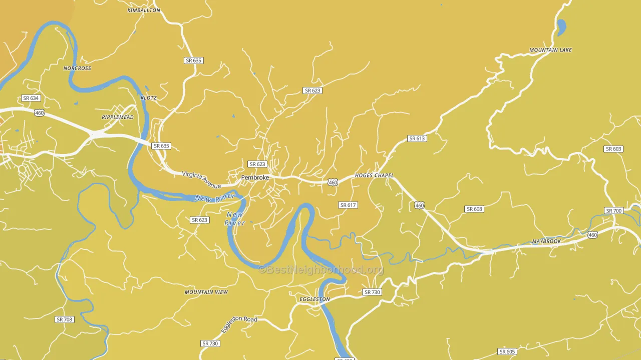 Map of the best neighborhoods in the 24136 area, with better matches in green and worse matches in red