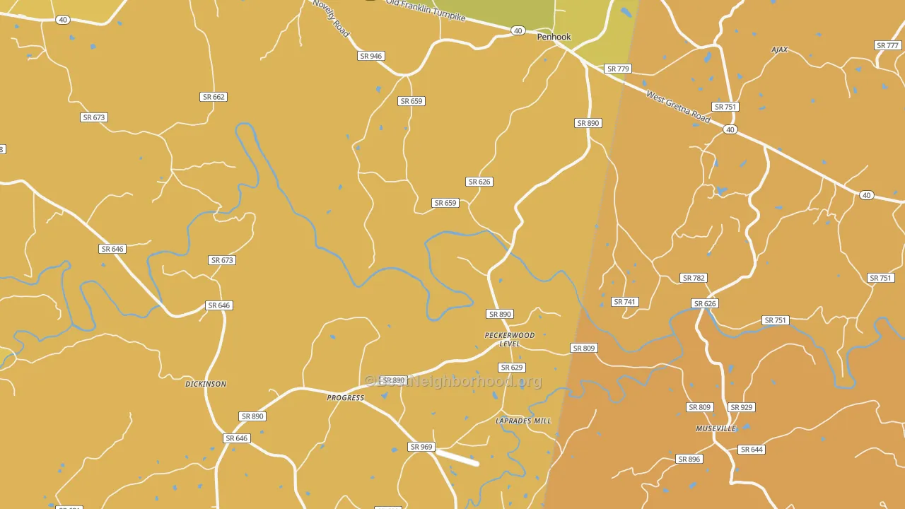 Map of the best neighborhoods in the 24137 area, with better matches in green and worse matches in red