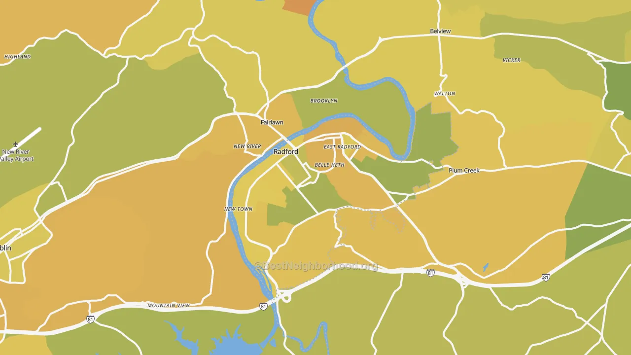 Map of the best neighborhoods in the 24141 area, with better matches in green and worse matches in red