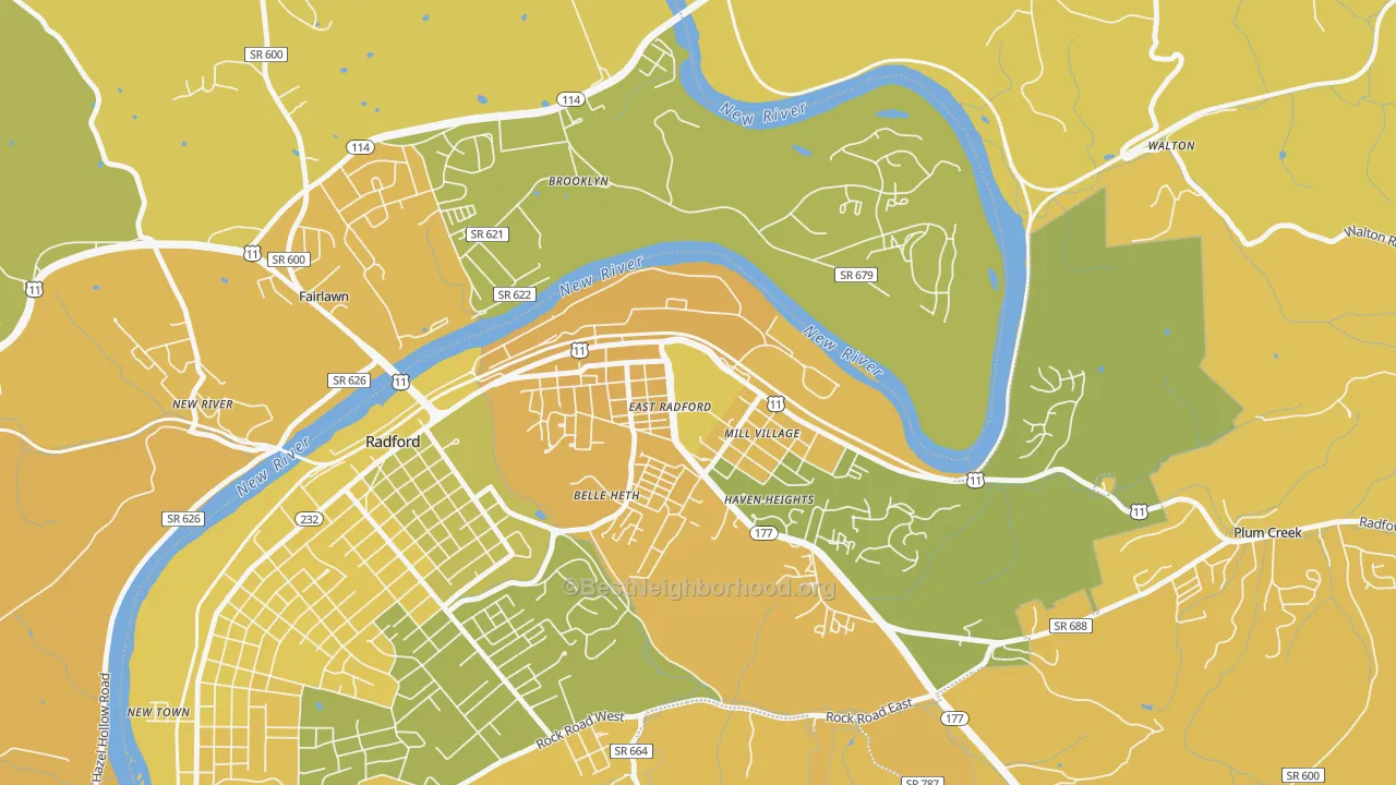 Map of the best neighborhoods in the 24142 area, with better matches in green and worse matches in red