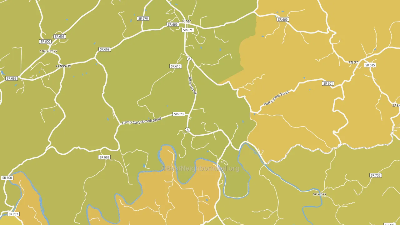 Map of the best neighborhoods in the 24149 area, with better matches in green and worse matches in red