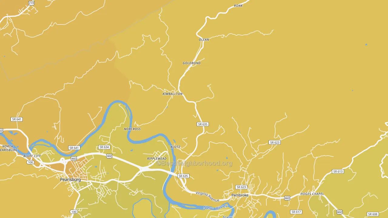 Map of the best neighborhoods in the 24150 area, with better matches in green and worse matches in red