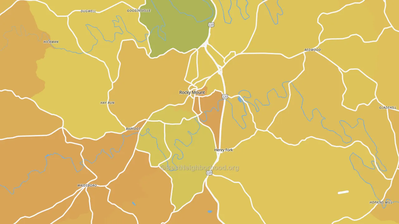 Map of the best neighborhoods in the 24151 area, with better matches in green and worse matches in red