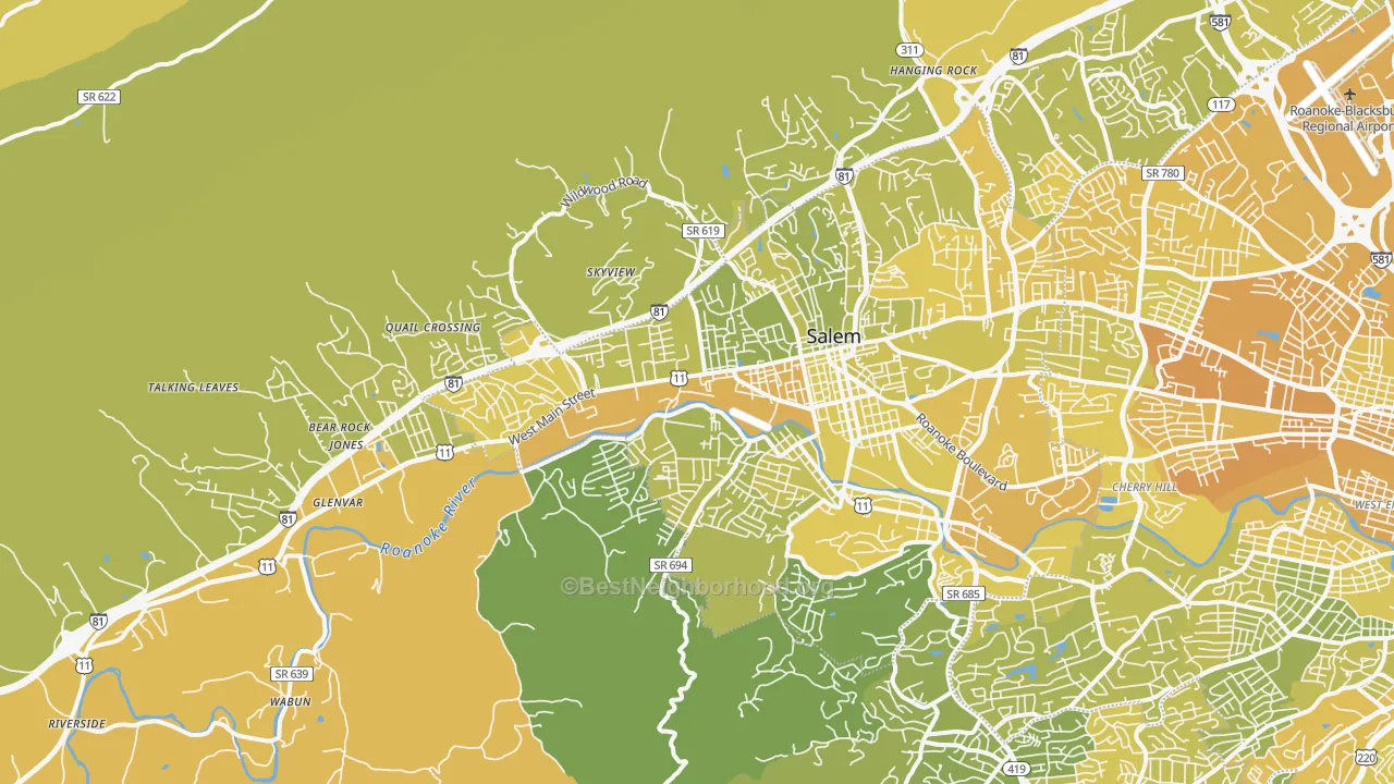 Map of the best neighborhoods in the 24153 area, with better matches in green and worse matches in red