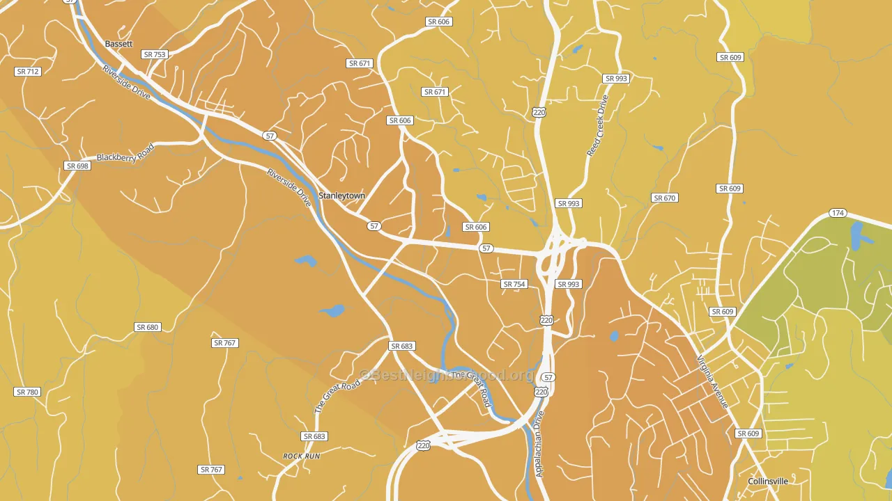 Map of the best neighborhoods in the 24168 area, with better matches in green and worse matches in red