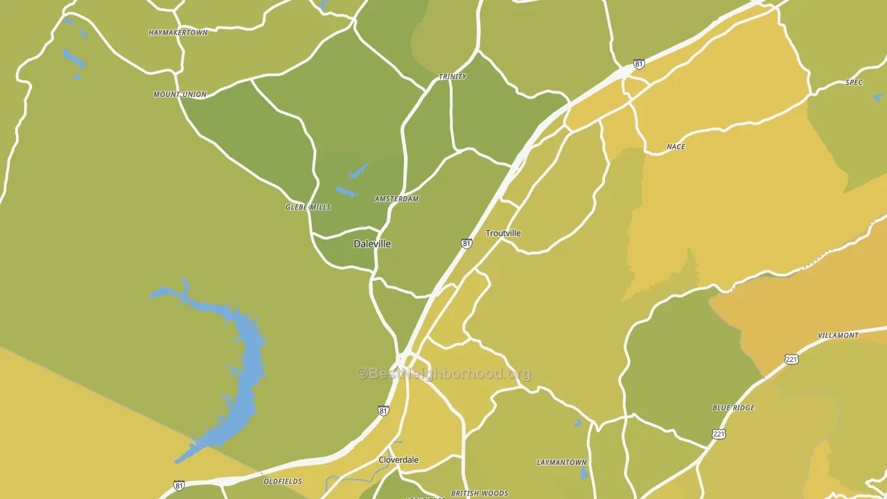 Map of the best neighborhoods in the 24175 area, with better matches in green and worse matches in red