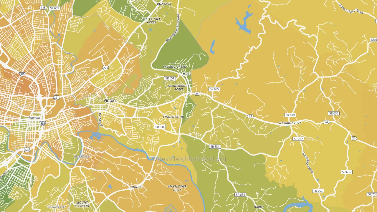 Map of the best neighborhoods in the 24179 area, with better matches in green and worse matches in red