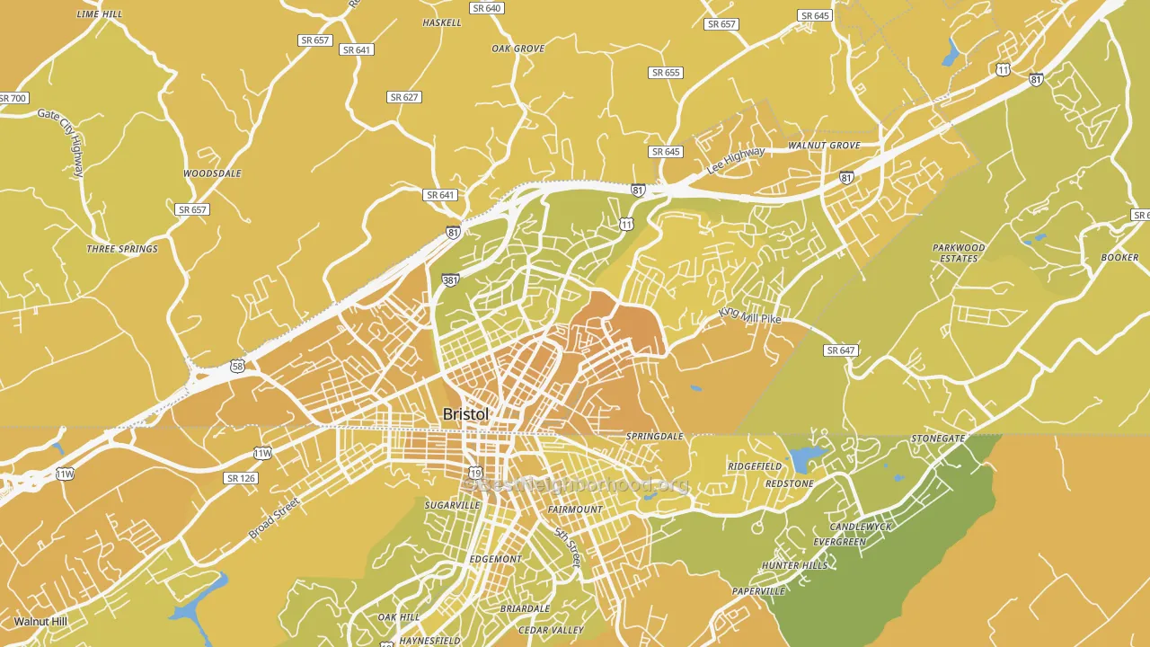Map of the best neighborhoods in the 24201 area, with better matches in green and worse matches in red
