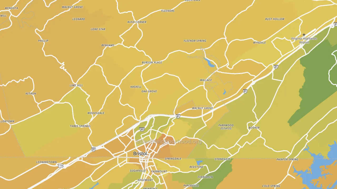 Map of the best neighborhoods in the 24202 area, with better matches in green and worse matches in red