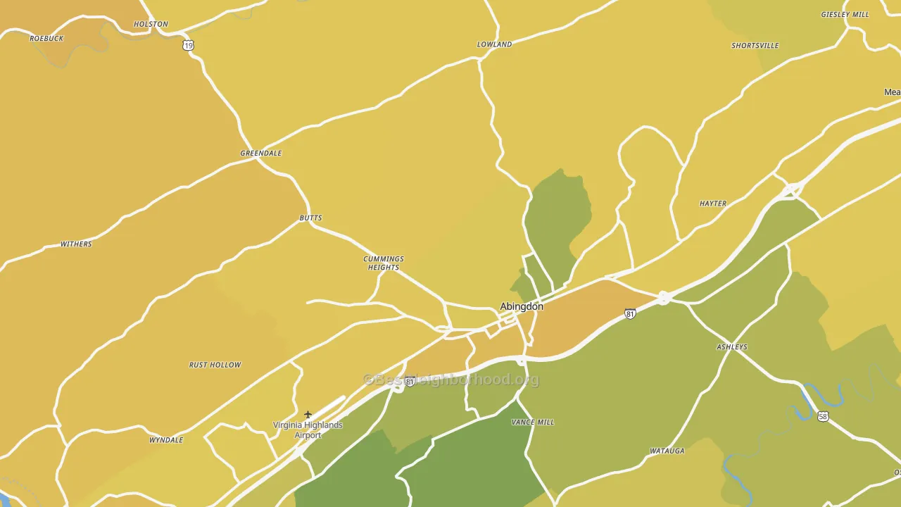 Map of the best neighborhoods in the 24210 area, with better matches in green and worse matches in red