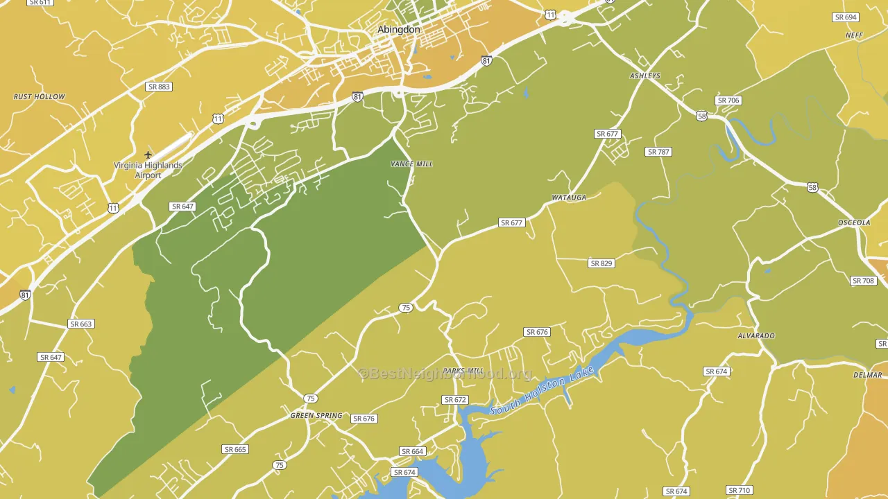 Map of the best neighborhoods in the 24211 area, with better matches in green and worse matches in red