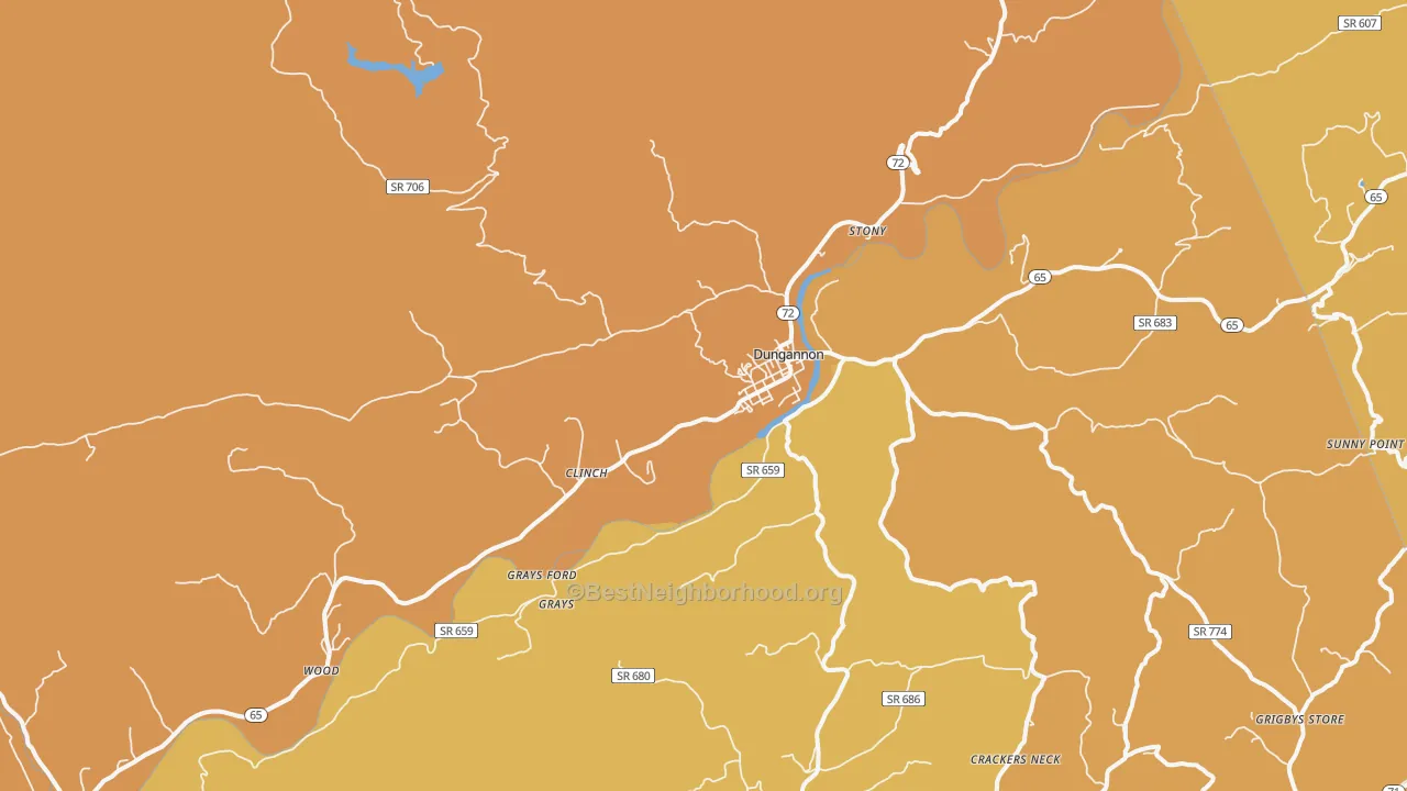 Map of the best neighborhoods in the 24245 area, with better matches in green and worse matches in red