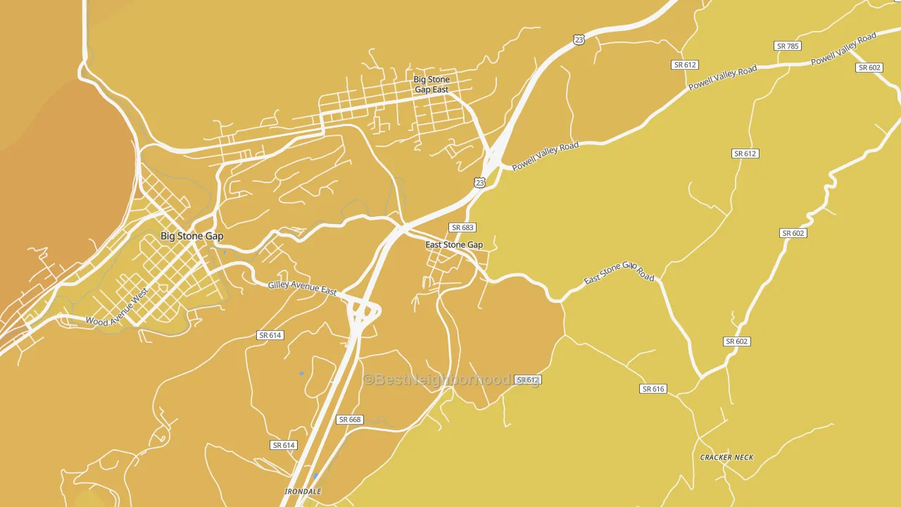 Map of the best neighborhoods in the 24246 area, with better matches in green and worse matches in red